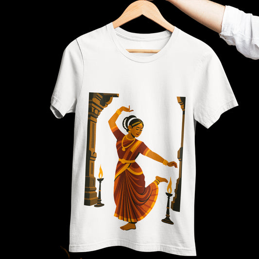 Indian Heritage T-Shirt featuring a classical temple dancer in traditional art style, printed on white cotton fabric. Ideal for cultural fashion lovers.