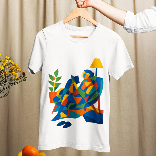 The Reader Tee - Abstract Graphic Tee in soft cotton featuring a colorful cubist design of a person reading. Ideal unisex shirt for art lovers.