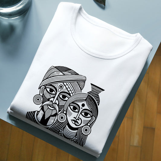 Artistic Graphic T-Shirt - Tribal Couple Design in black and white, folded neatly on a table, made from 100% cotton for art lovers.