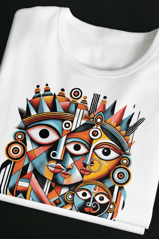 The Divine Trio T-Shirt featuring a vibrant cubist design with Indian motifs. Made from premium cotton, this unisex graphic tee offers comfort and durability.
