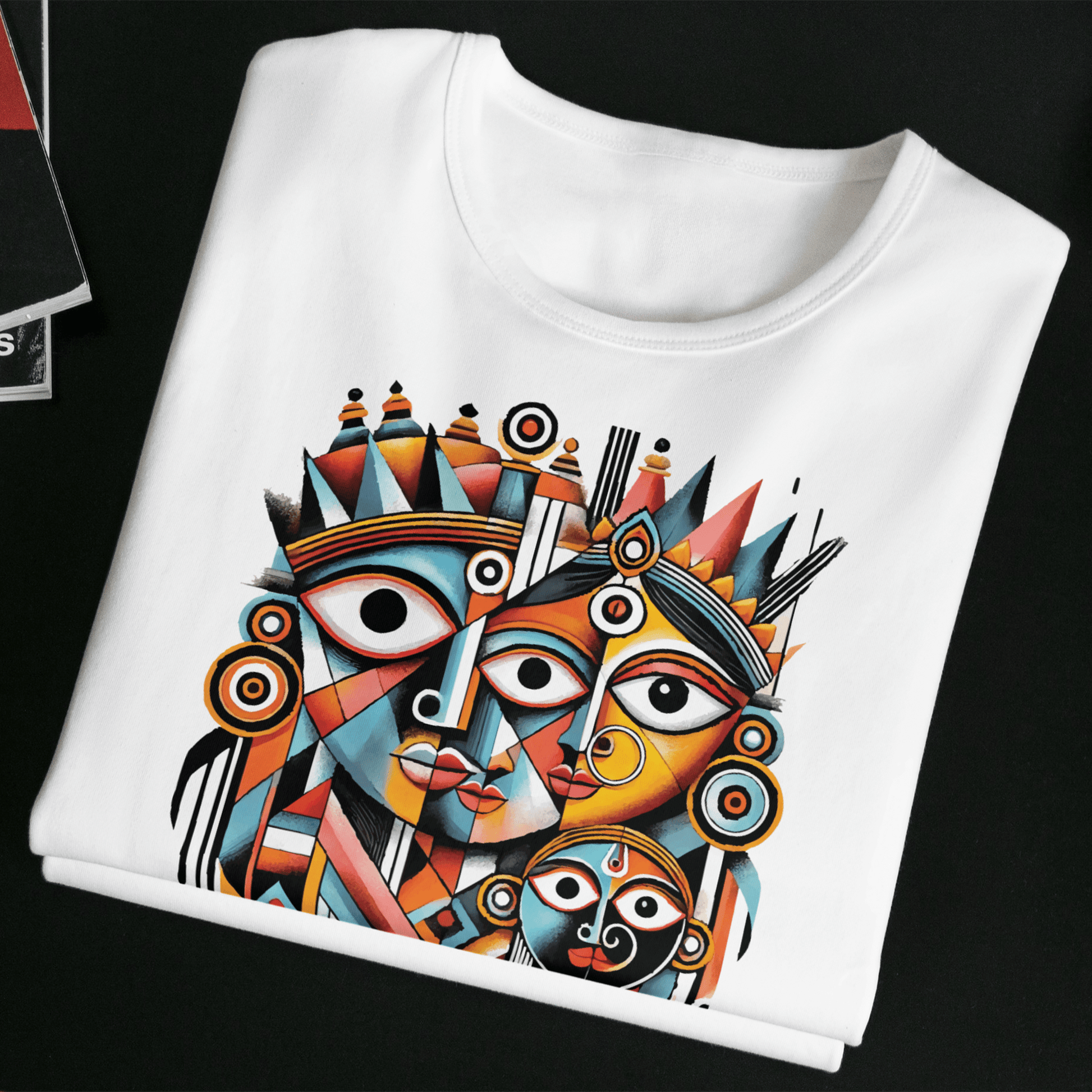 The Divine Trio T-Shirt featuring a vibrant cubist design with Indian motifs. Made from premium cotton, this unisex graphic tee offers comfort and durability.