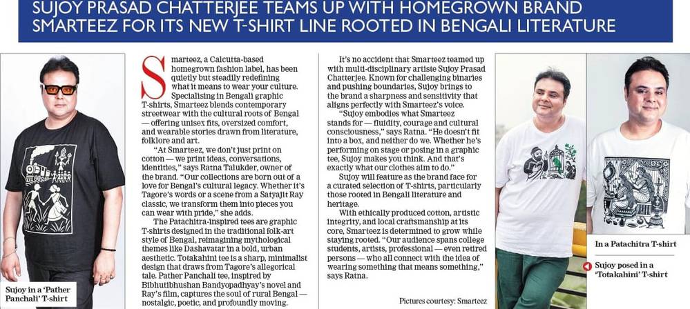 The Telegraph T2 newspaper feature on Smarteez literary fashion brand, highlighting the Sujoy Prasad Chatterjee collaboration and Bengali culture-inspired t-shirt designs