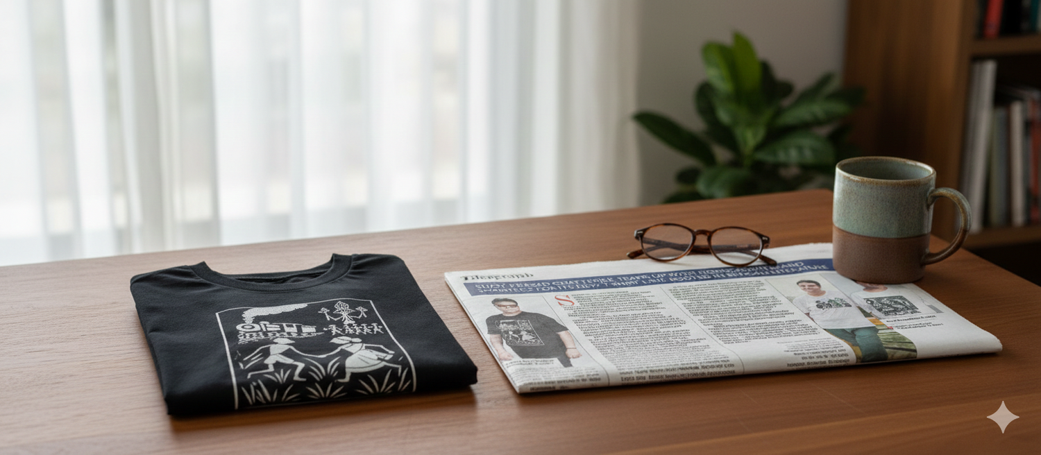 The Telegraph T2 newspaper feature on Smarteez and Sujoy Prasad Chatterjee collaboration, highlighting Bengali literary fashion on a wooden desk with a cup of coffee.