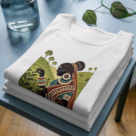 Patachitra T-Shirt for women featuring a tribal plucker graphic inspired by Bengali art. Made from soft cotton for breathable comfort and cultural elegance.