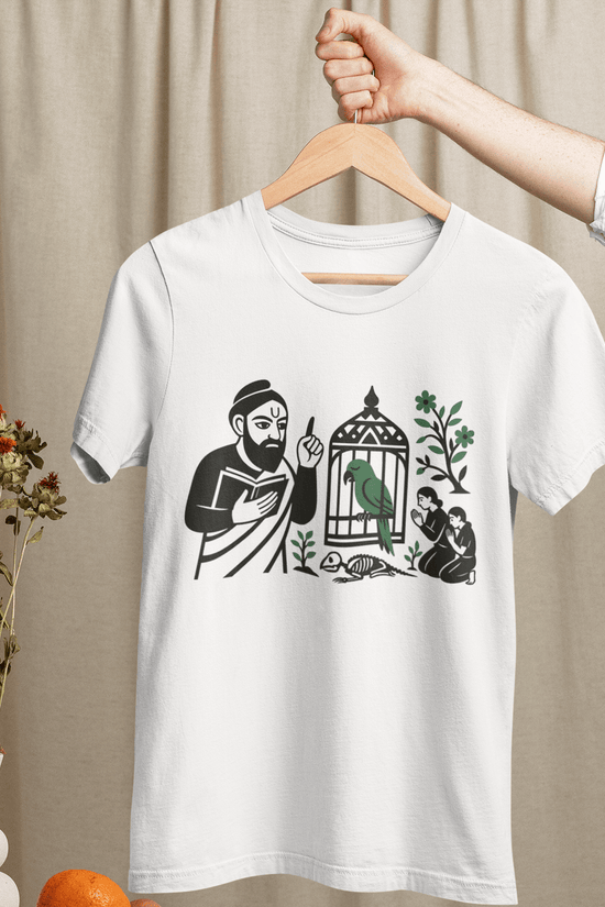 Totakahini Bengali graphic T-shirt featuring Tagore’s caged parrot folk-art design in black and green on white 100% cotton fabric. Ideal for lovers of Bengali culture and free thought.