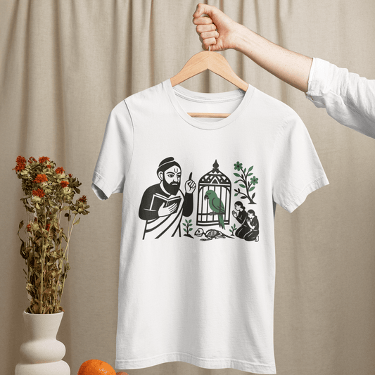 Totakahini Bengali graphic T-shirt featuring Tagore’s caged parrot folk-art design in black and green on white 100% cotton fabric. Ideal for lovers of Bengali culture and free thought.