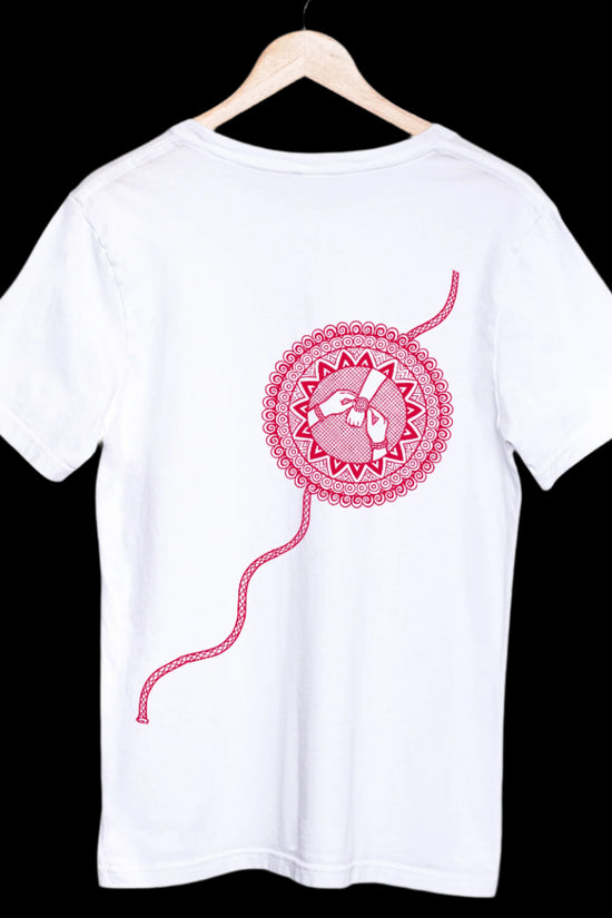 Raksha Bandhan T-shirt - Folk Art | 100% Cotton, Unisex featuring a red traditional rakhi design on the back, ideal for festive sibling celebrations.
