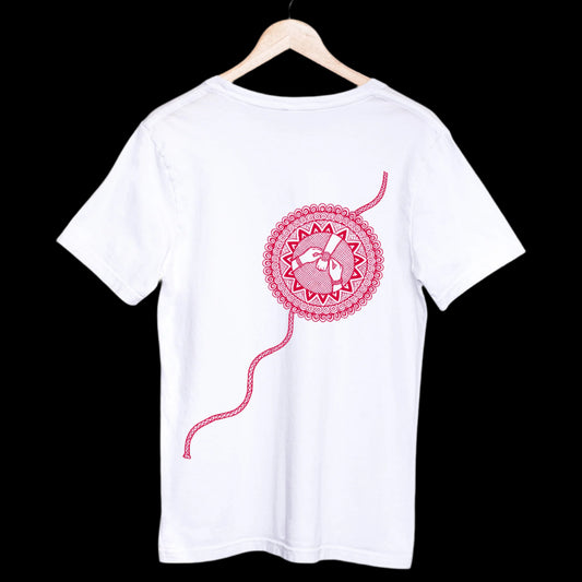 Raksha Bandhan T-shirt - Folk Art | 100% Cotton, Unisex featuring a red traditional rakhi design on the back, ideal for festive sibling celebrations.
