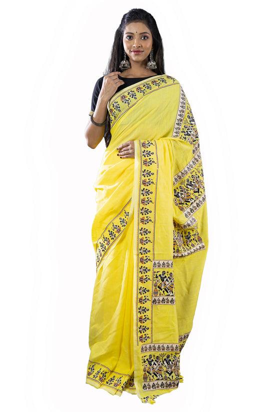 Yellow Tribal Dance Graphic Printed Saree in pure khadi cotton featuring intricate tribal border designs. Ideal for cultural and festive occasions.