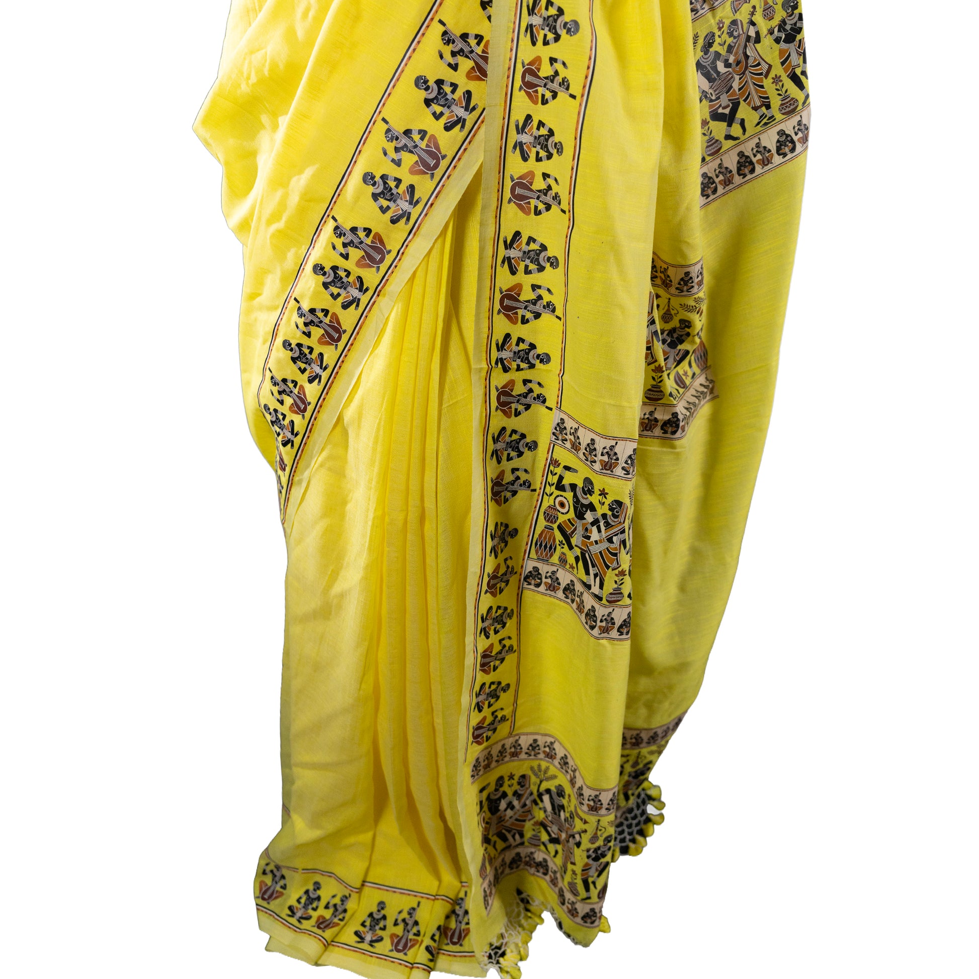 Close-up of yellow Tribal Dance Graphic Printed Saree showing detailed tribal motifs and border patterns in pure khadi cotton fabric.