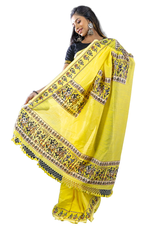 Tribal Dance Graphic Printed Saree in yellow khadi cotton with bold tribal motifs, styled for traditional wear. Limited edition ethnic fashion piece.