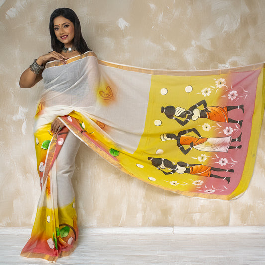 Tribal Tales - Hand Painted Saree in Kerala cotton featuring vibrant tribal folk art on pallu, ideal for festive and cultural occasions.
