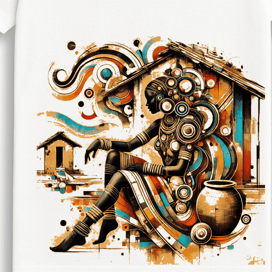 Close-up of Tribal Muse T-Shirt showcasing detailed abstract tribal woman graphic with vibrant swirls and traditional elements.
