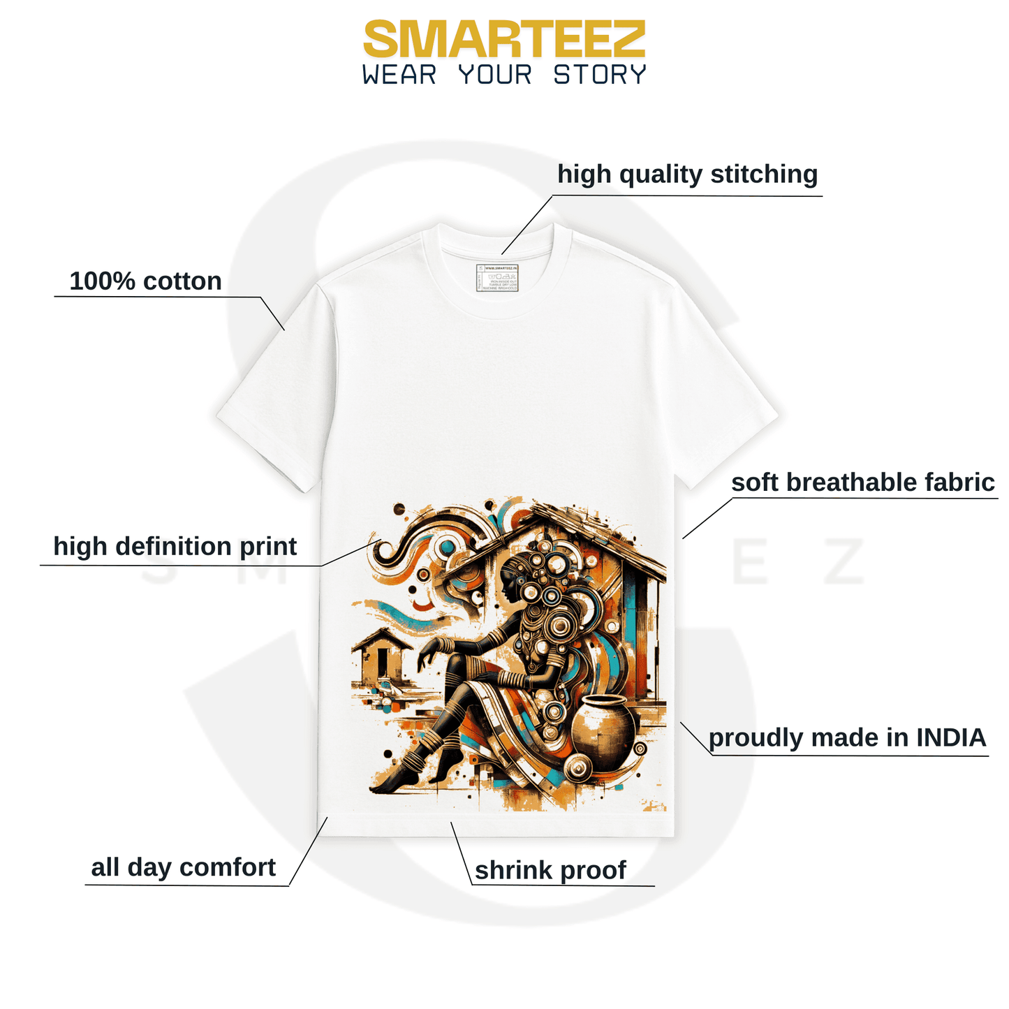 Tribal Muse Graphic T-Shirt with callouts highlighting 100% cotton, HD print, breathable fabric, and Indian craftsmanship for unisex wear.