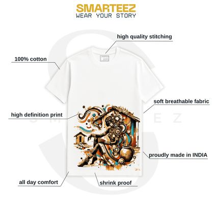 Tribal Muse Graphic T-Shirt with callouts highlighting 100% cotton, HD print, breathable fabric, and Indian craftsmanship for unisex wear.