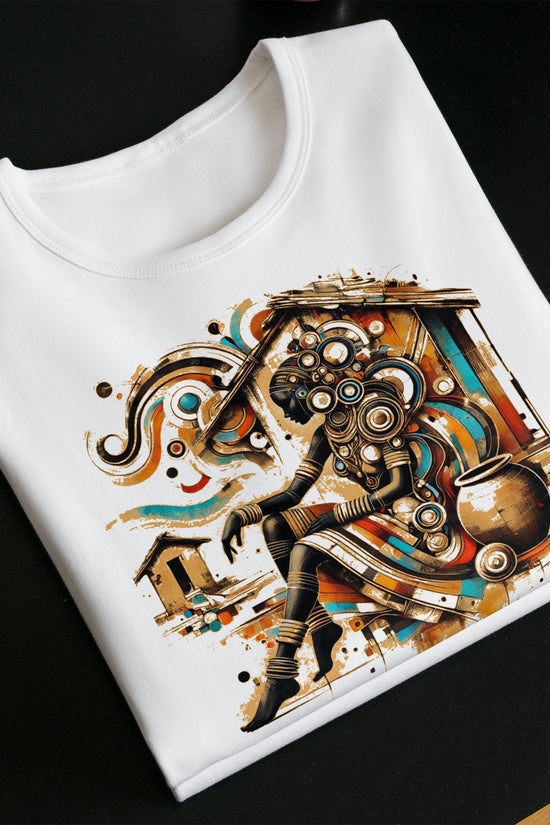 Tribal Muse Graphic T-Shirt featuring an abstract tribal-inspired design in earthy tones. Unisex fit, 100% cotton, perfect for art and fashion lovers.