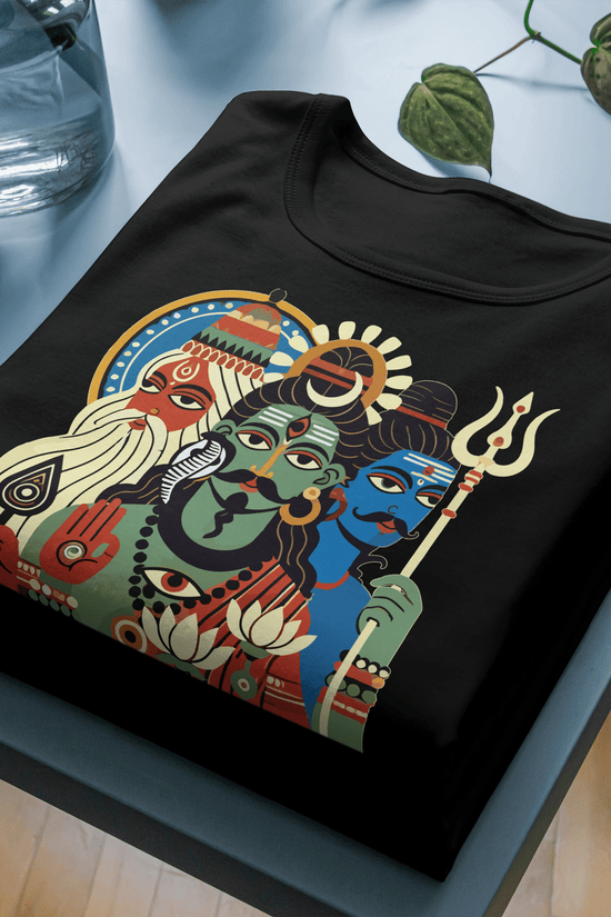 Tridev - Patachitra T-Shirt featuring Brahma, Vishnu, and Mahesh in vibrant Bengali folk art style on soft black cotton. Unisex cultural expression wear.