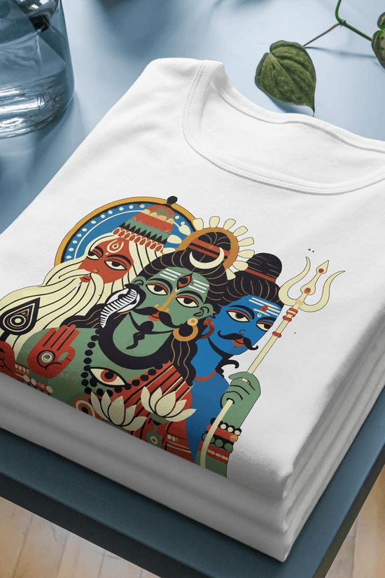 Tridev - Patachitra T-Shirt featuring Brahma, Vishnu, Mahesh in vibrant Bengali folk art style, folded neatly on a table. Unisex cultural apparel.