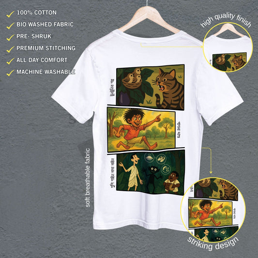 Unisex Gupi Bagha Tee featuring vibrant comic-style illustrations from Ray family classics, celebrating Bengali literature legacy in soft cotton fabric.