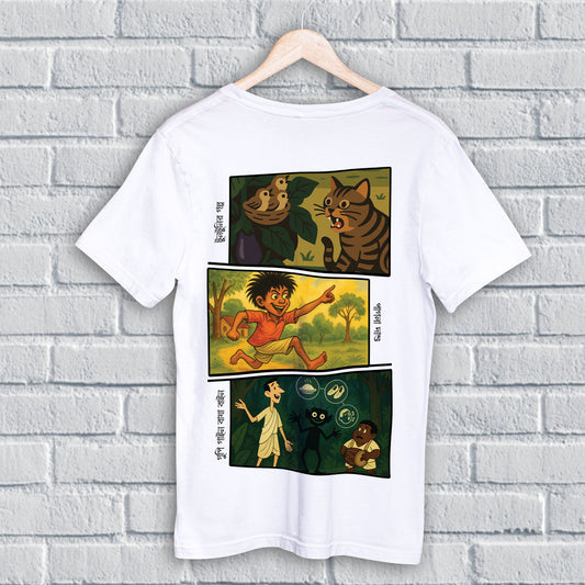 White unisex T-shirt featuring colorful comic-style panels of Tuntuni, Gupi, and Bagha, celebrating the Ray family legacy in Bengali literature.