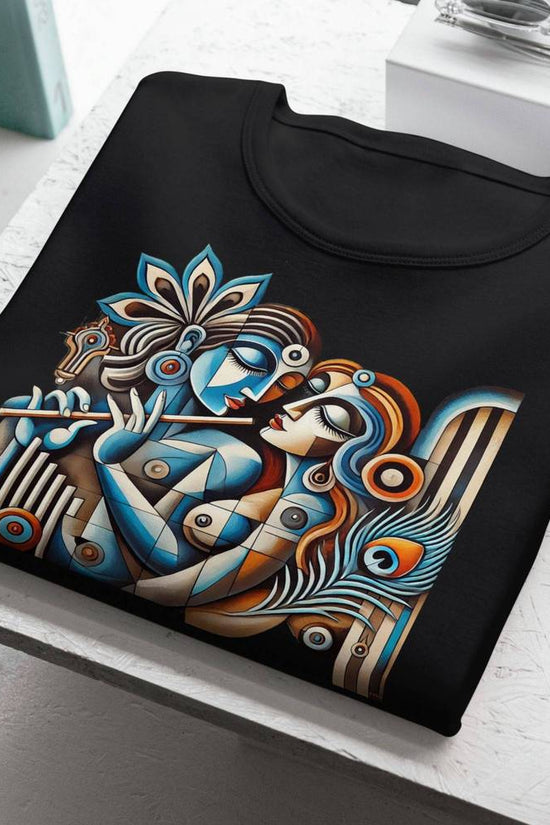 Black cotton T-shirt featuring a vibrant Patachitra-style Radha Krishna artwork with intricate geometric patterns, celebrating Bengali heritage.