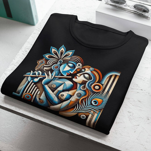 Black cotton T-shirt featuring a vibrant Patachitra-style Radha Krishna artwork with intricate geometric patterns, celebrating Bengali heritage.