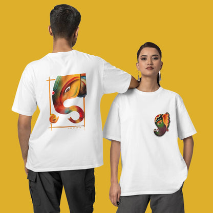 Vinayak Ganpati T-Shirt - Unisex Cotton in white, worn by models, highlighting oversized fit and artistic Ganesh design on front and back.