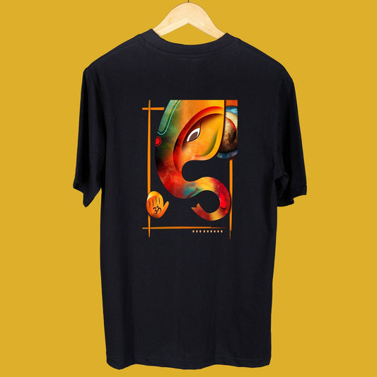 Vinayak Ganpati T-Shirt - Unisex Cotton with vibrant Ganesh artwork on back, oversized black tee for spiritual and modern fashion appeal.