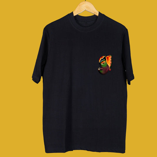 Front view of Vinayak Ganpati T-Shirt - Unisex Cotton featuring small colorful Ganesh graphic on chest, black oversized fit for casual wear.