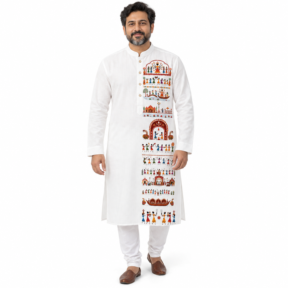 Front view of Durga Puja Warli Art Panjabi worn on model, showing full vertical Warli scroll print in terracotta red on white cotton