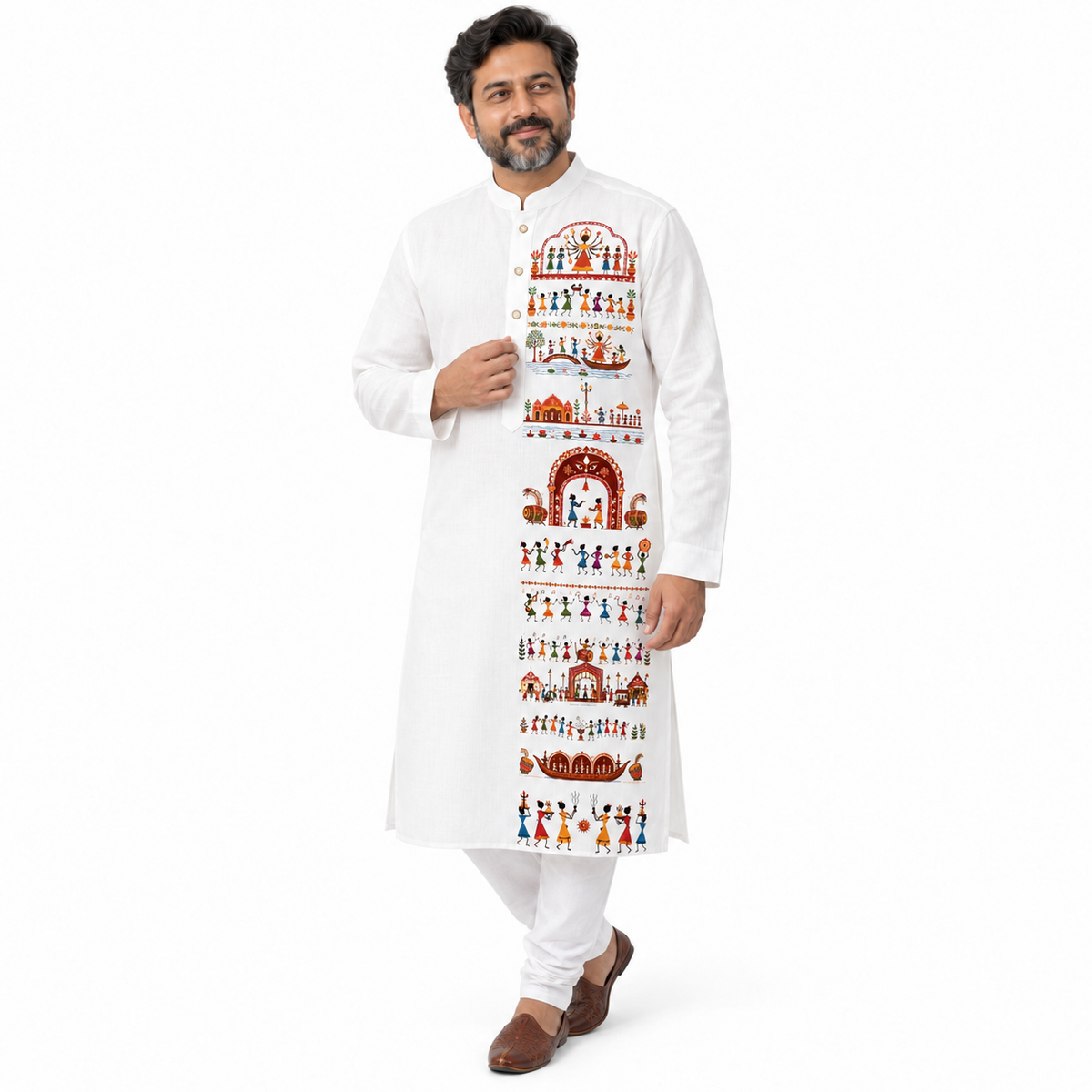 Man wearing Durga Puja Warli Art Panjabi, white cotton kurta with hand-illustrated Warli scenes from Devi's arrival to visarjan