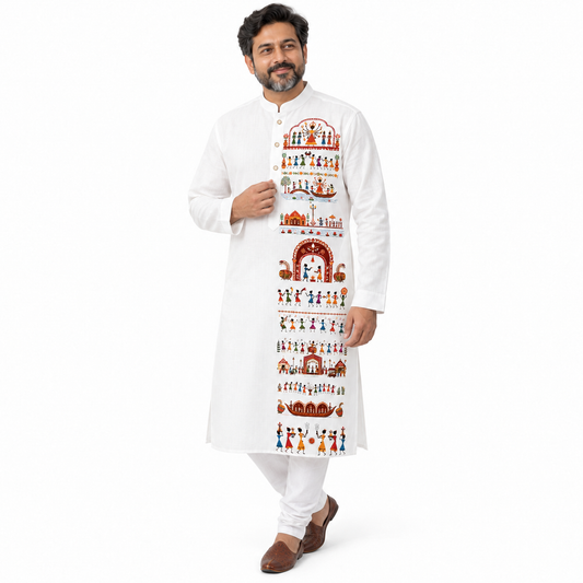 Man wearing Durga Puja Warli Art Panjabi, white cotton kurta with hand-illustrated Warli scenes from Devi's arrival to visarjan