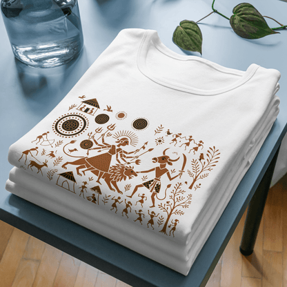 Durga T-Shirt - Warli Art Mahishasura design in brown on folded white cotton unisex tee, showcasing spiritual and cultural heritage.