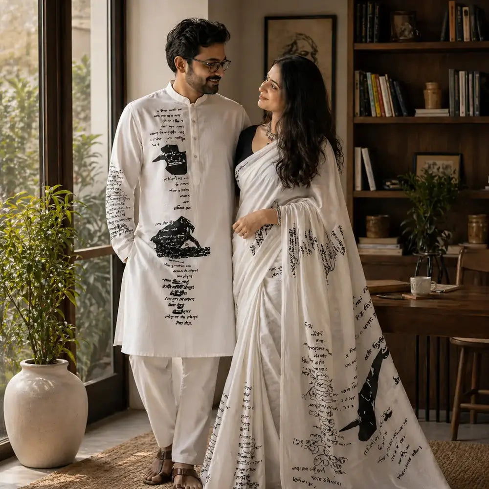 A Bengali couple wearing the Tagore Scribble couple set — 
man in white handloom panjabi and woman in white khadi saree, 
both printed with Rabindranath Tagore's original manuscript 
handwriting and margin sketches in black — standing together 
in a book-lined study. Wearable Bengali Literature collection by Smarteez.