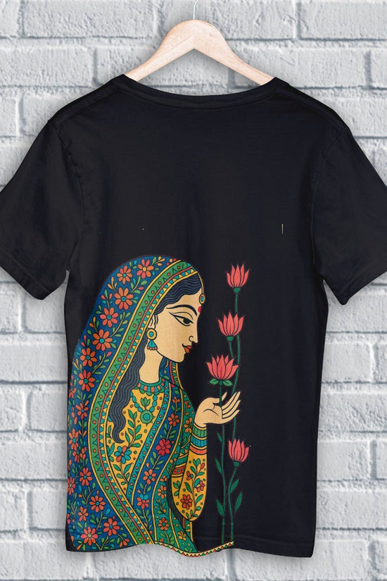 Whispers of the Lotus - Folk Art T-Shirt featuring a graceful woman in traditional attire admiring lotus flowers, symbolizing feminine grace.