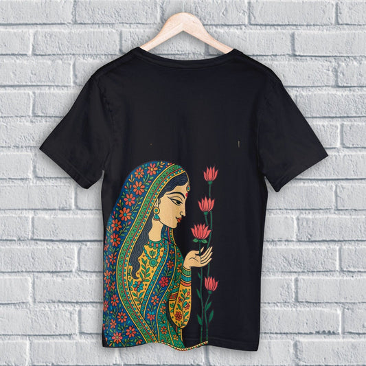 Whispers of the Lotus - Folk Art T-Shirt featuring a graceful woman in traditional attire admiring lotus flowers, symbolizing feminine grace.