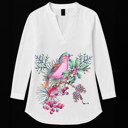 Winter Berry Bird Kurti for Women featuring a vibrant pink songbird and berry branch motif on soft white fabric, ideal for winter fashion.