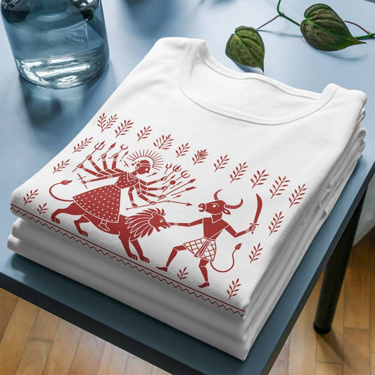 Durga T-Shirt - Warli Art Mahishasura design in red on white cotton fabric, showcasing spiritual battle in tribal style. Unisex cotton tee folded neatly.