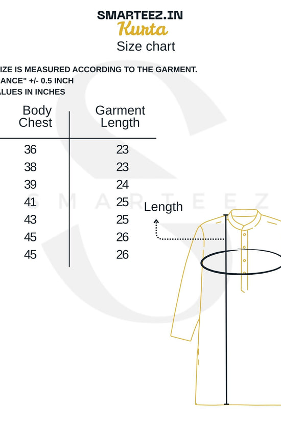Size chart for  Kurta for Men by Smarteez.in, detailing chest and garment length measurements from size S to 4XL.