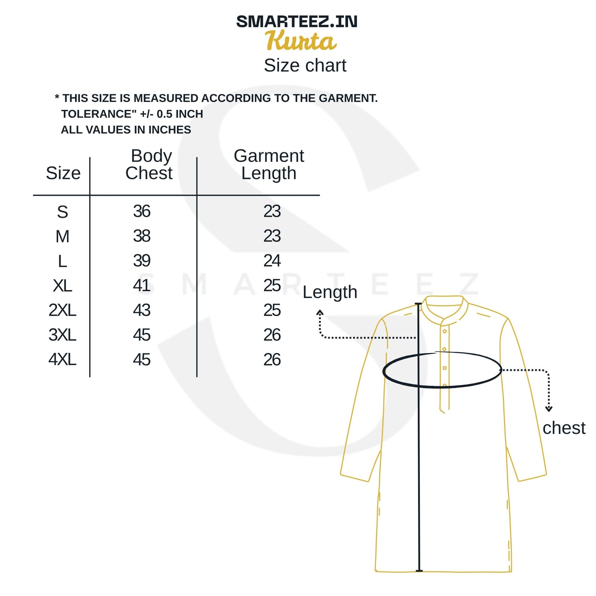 Size chart for  Kurta for Men by Smarteez.in, detailing chest and garment length measurements from size S to 4XL.