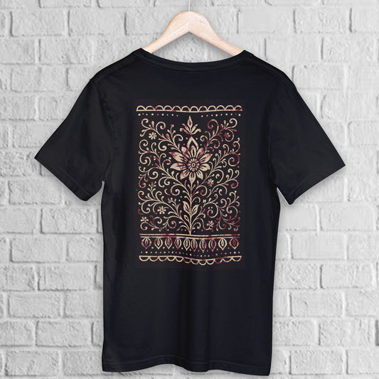 Bengali Alpona Art T-Shirt with intricate floral folk design in beige and maroon on black cotton fabric. Unisex ethnic wear inspired by Bengali culture.