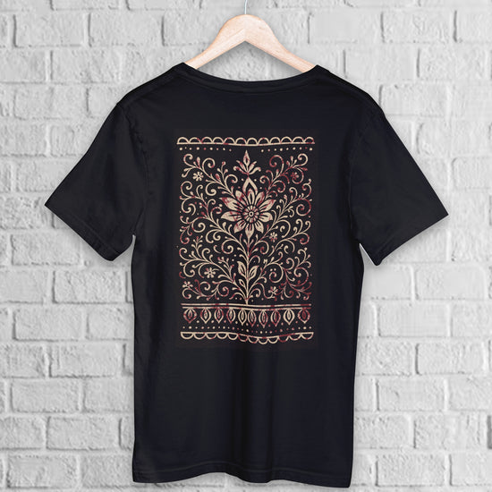 Bengali Alpona Art T-Shirt with intricate floral folk design in beige and maroon on black cotton fabric. Unisex ethnic wear inspired by Bengali culture.