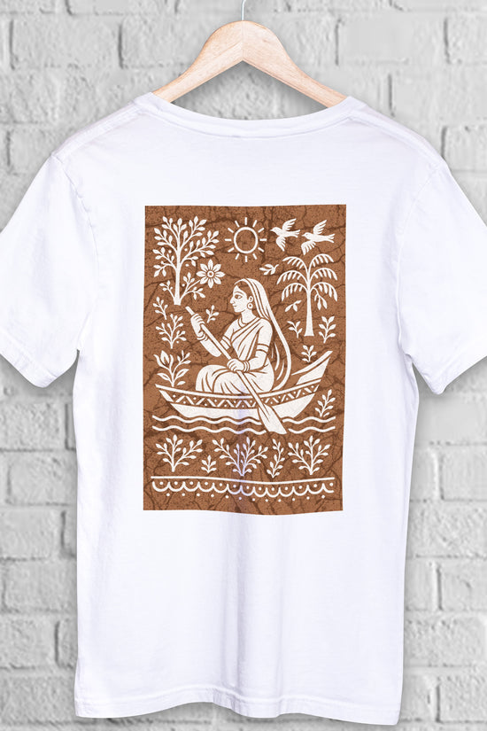 Bengali Boatwoman T-Shirt in batik folk art style printed on white premium cotton. Features a traditional boatwoman design with nature motifs.