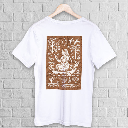 Bengali Boatwoman T-Shirt in batik folk art style printed on white premium cotton. Features a traditional boatwoman design with nature motifs.