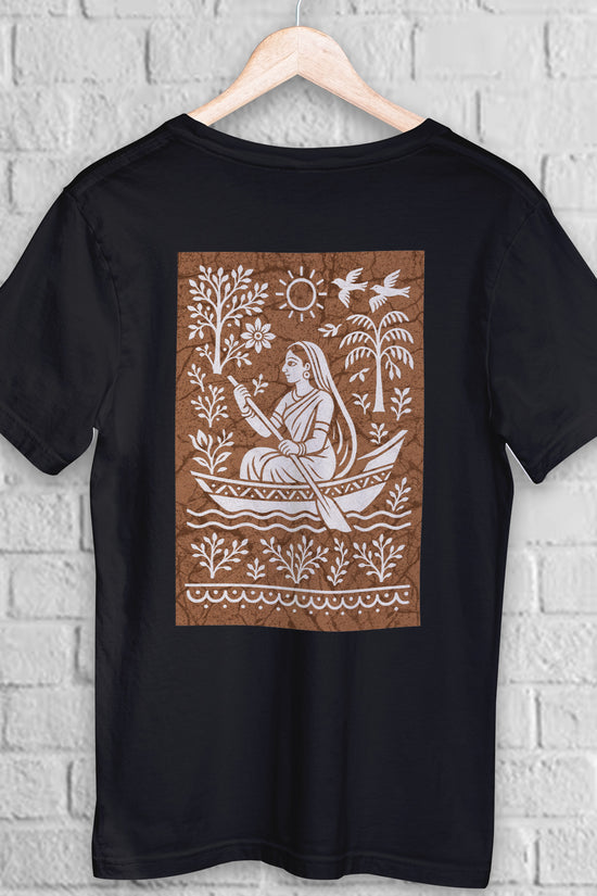 Bengali Boatwoman T-Shirt in batik folk art style on black premium cotton. Features a traditional boatwoman motif with nature elements on the back.