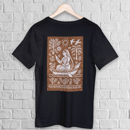 Bengali Boatwoman T-Shirt in batik folk art style on black premium cotton. Features a traditional boatwoman motif with nature elements on the back.
