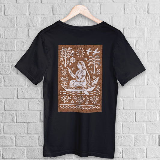Bengali Boatwoman T-Shirt in batik folk art style on black premium cotton. Features a traditional boatwoman motif with nature elements on the back.