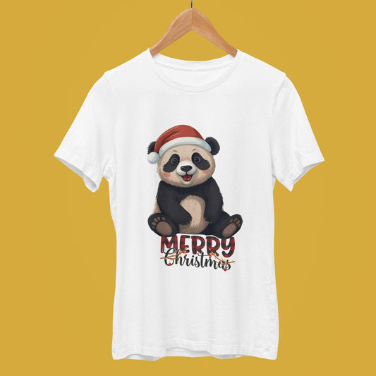 White unisex t-shirt featuring a festive panda wearing a Santa hat with 'Merry Christmas' text, perfect for holiday celebrations.