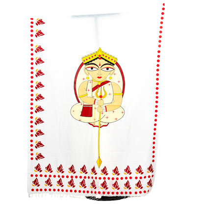 Close-up of minimalist Durga Maa portrait print with trishul on white khadi cotton saree pallu