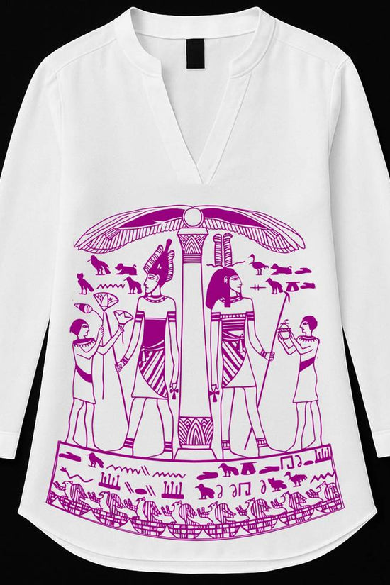 Pharaoh’s Legacy - Egyptian Art Printed Kurti featuring ancient purple motifs of Egyptian figures and hieroglyphs on white cotton fabric. Ideal for casual and semi-formal wear.